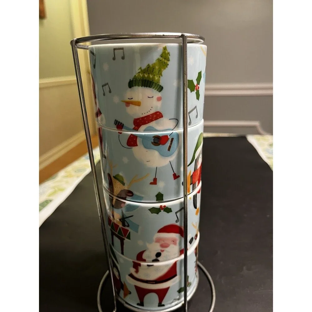 Pier 1 Stackable Santa Snowman Christmas Mugs w Metal Holder